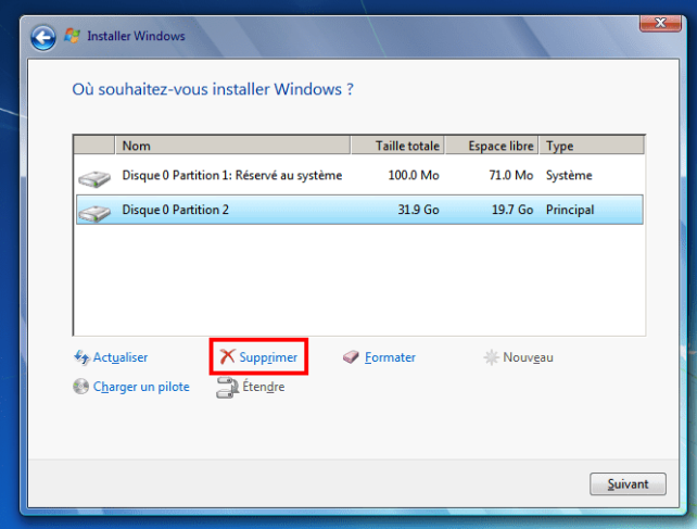 sélectionner le disque à installer Windows 7
