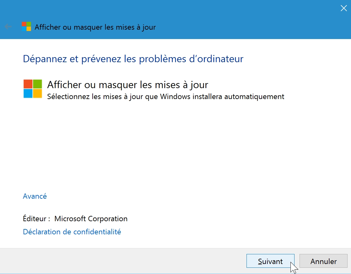 afficher ou masquer les mises à jour Windows