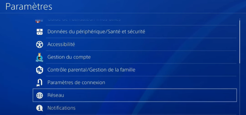 ouvrir le réseau dans les paramètres de PS4