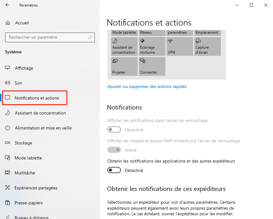 notification et actions