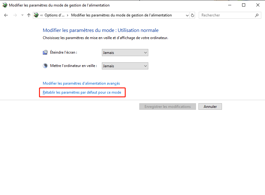rétablir les paramètres par défaut pour ce mode