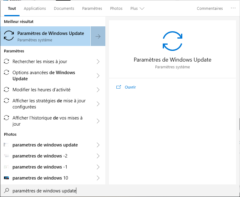 rechercher les paramètres de Windows update