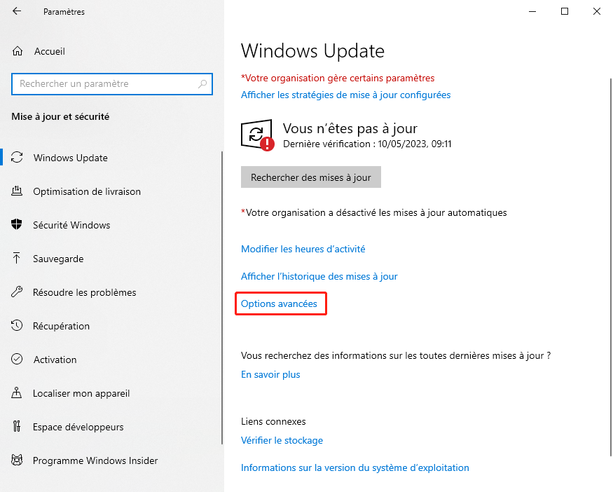 options avancées de Windows update