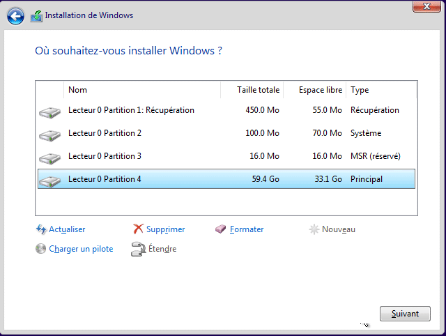 partition pour installer Windows