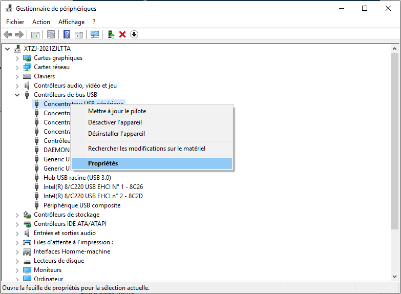 propriétés de contrôleurs de bus USB