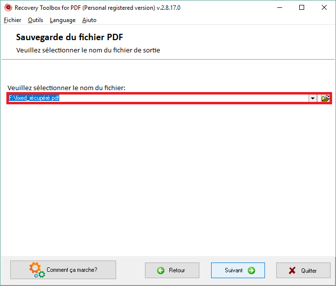 Recovery Toolbox-choisir le fichier de sortie
