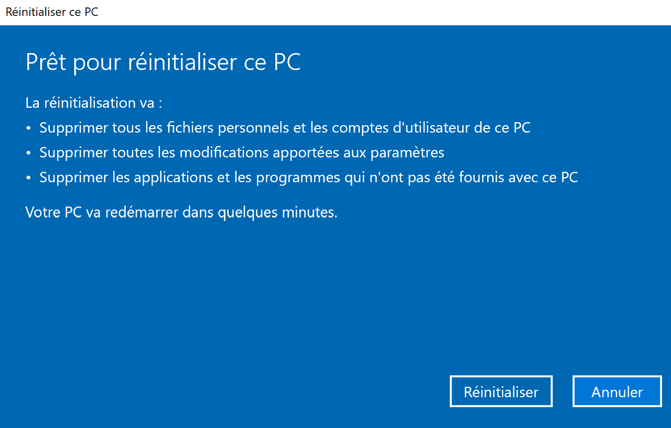 prêt pour réinitialiser ce PC