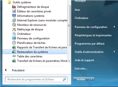 sélectionner la fonction Restauration du système