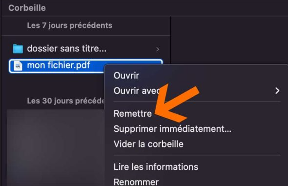 remettre le fichier depuis la corbeille sous Mac