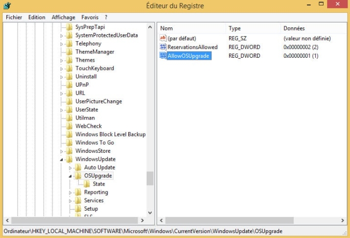 ouvrir Windows Update dans l'éditeur du registre