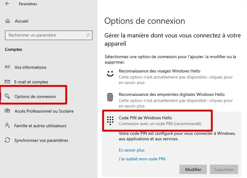 code PIN de Windows Hello