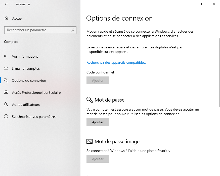 options de connexion sous Windows