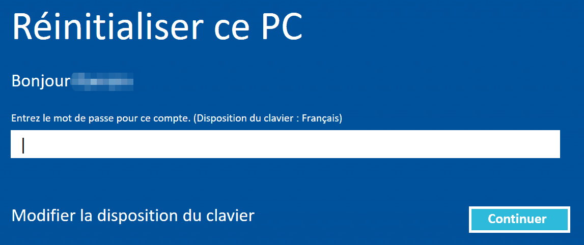 réinitialiser ce PC en tapant le mot de passe