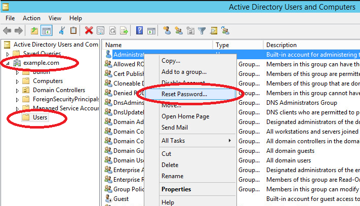 réinitialiser le mot de passe du serveur avec Active Directory Users and Computer