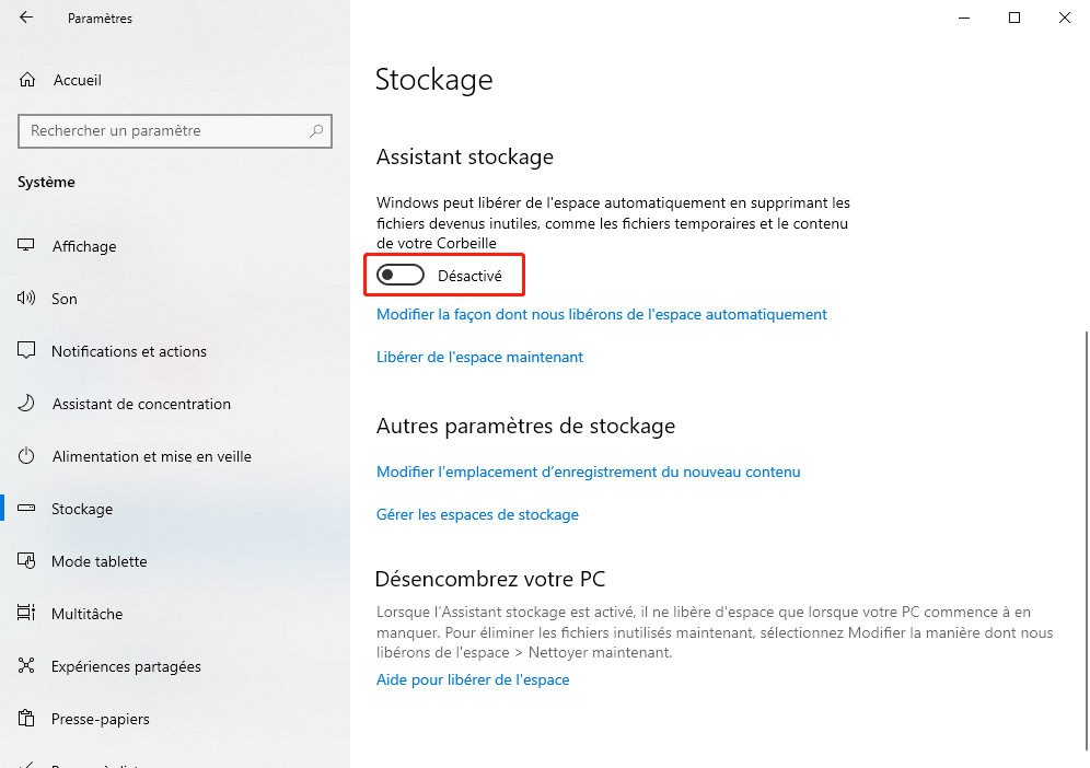 assistance storage sous Windows 