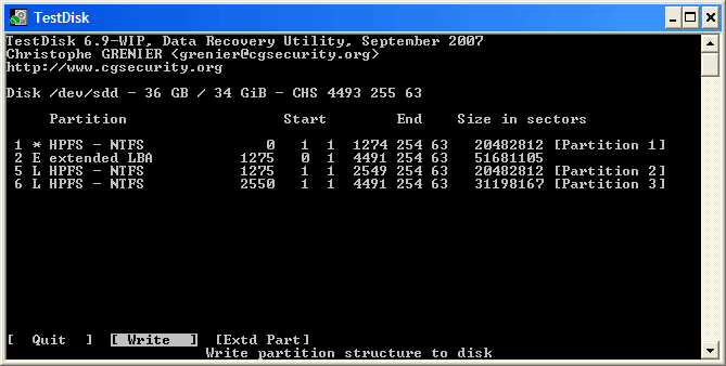 taper la commande dans Testdisk