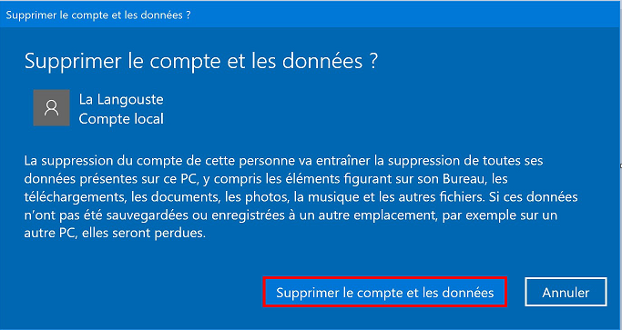 Confirmer la suppression du compte utilisateur et des données dans Windows