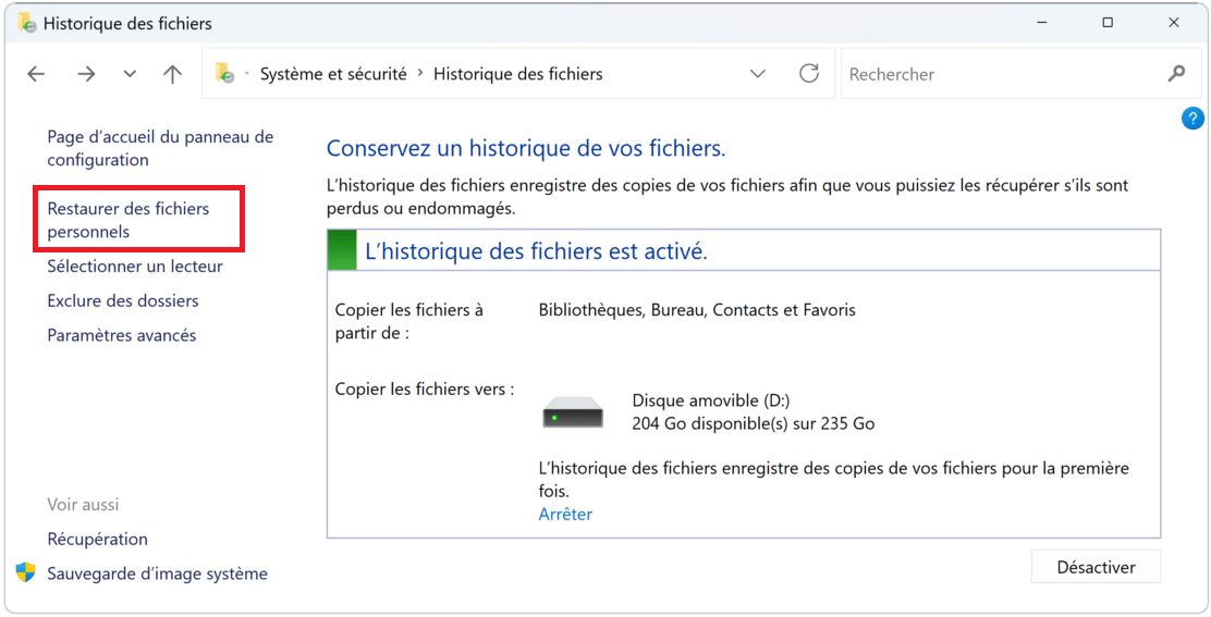 restaurer les fichiers personnels