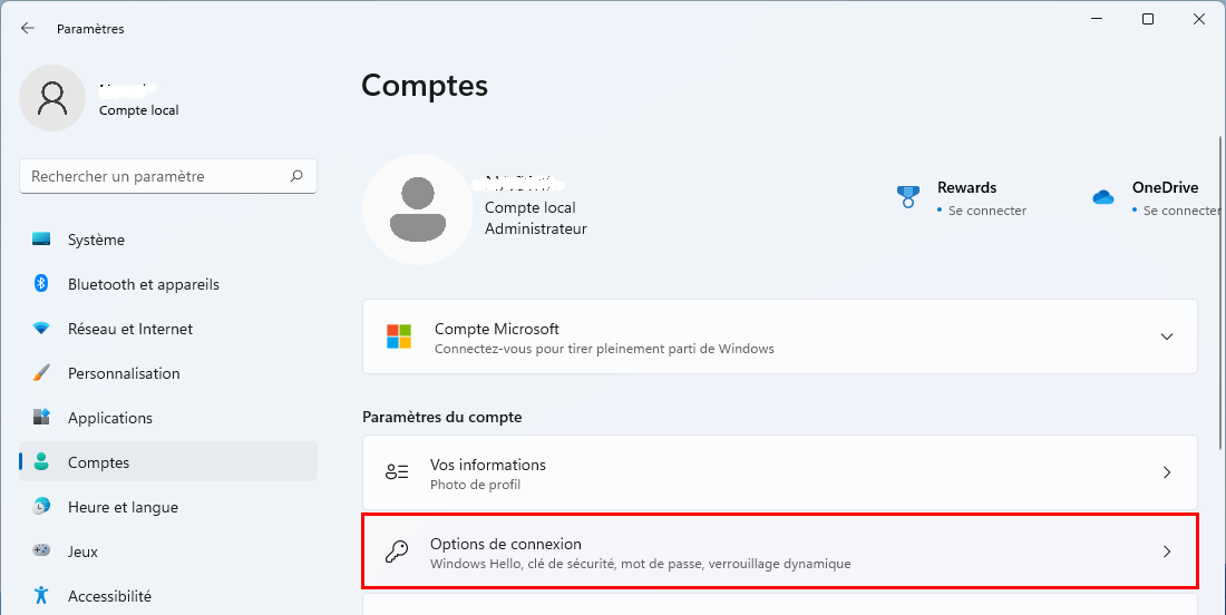 Paramètres de compte Windows 11, options de connexion