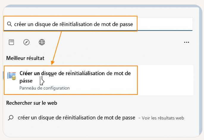 Rechercher « Créer un disque de réinitialisation de mot de passe Windows »