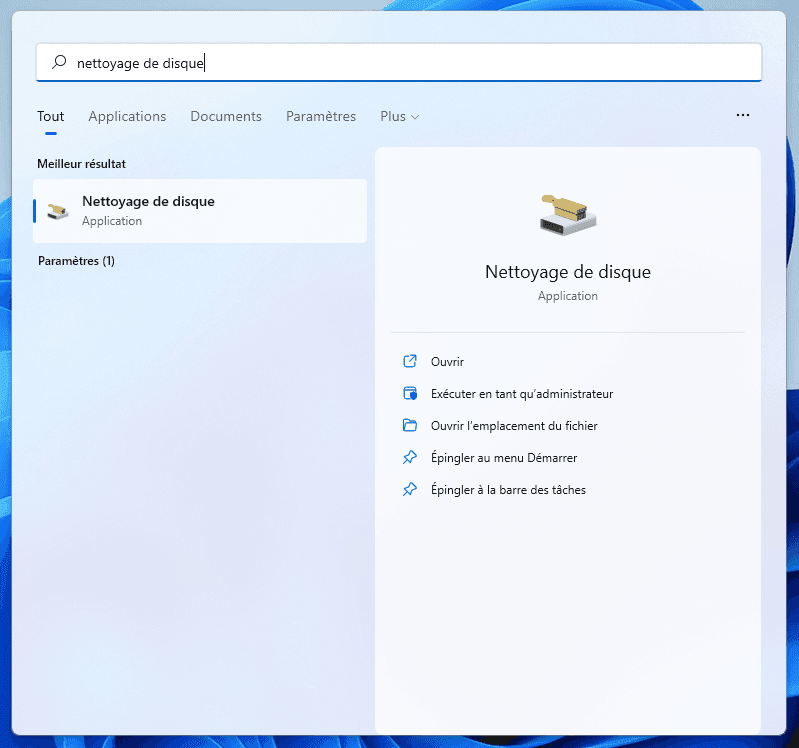 Recherchez Nettoyage de disque dans le menu Démarrer