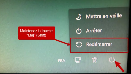 Appuyer sur la touche Maj et Redémarrer