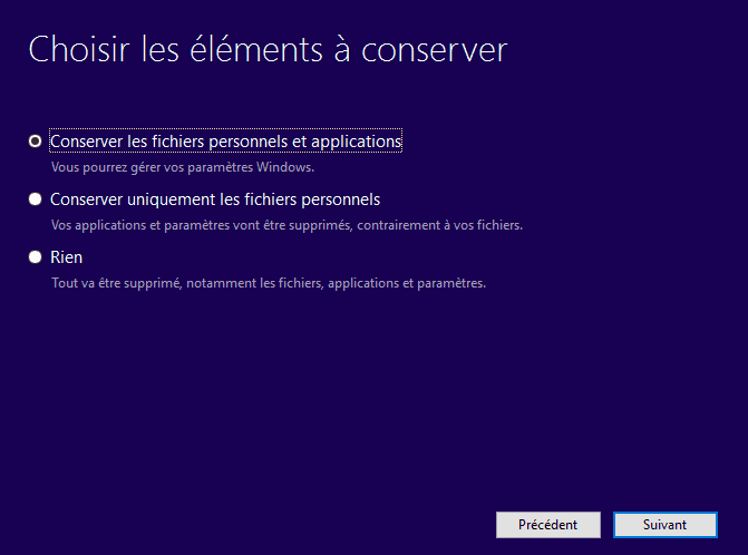 installer Windows 10, Conserver les fichiers personnels et les applications