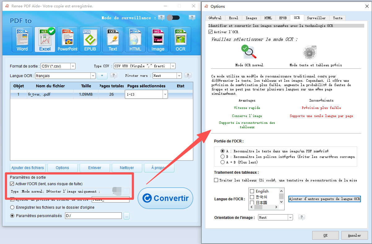 PDF Aide utilisant OCR pour convertir pdf en excel ou csv