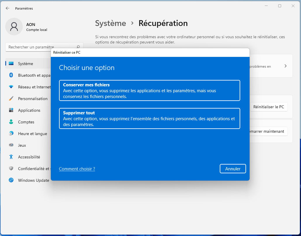 Réinitialiser ce PC dans les paramètres Windows 11