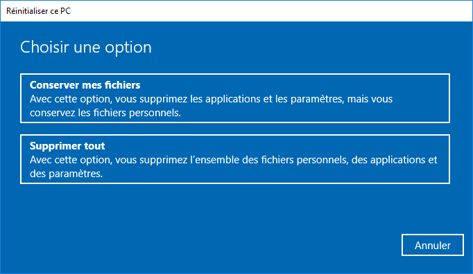 Sélectionner Conserver mes fichiers ou Supprimer tout lors de la réinitialisation PC Windows 10