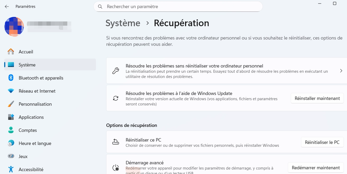 sélectionnez système et récupération dans les paramètres windows 11