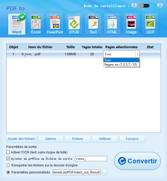 Sélectionner les pages lors de laconversion de PDF en Word