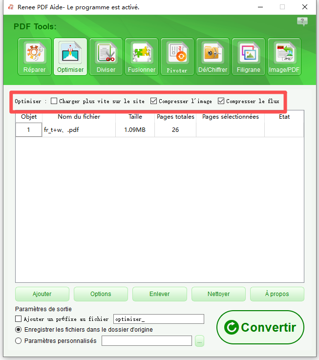 Panneau Optimize affichant Add File et les options de compression de Renee PDF Aide.