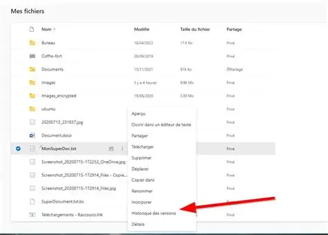 OneDrive, Fichier, Historique des versions
