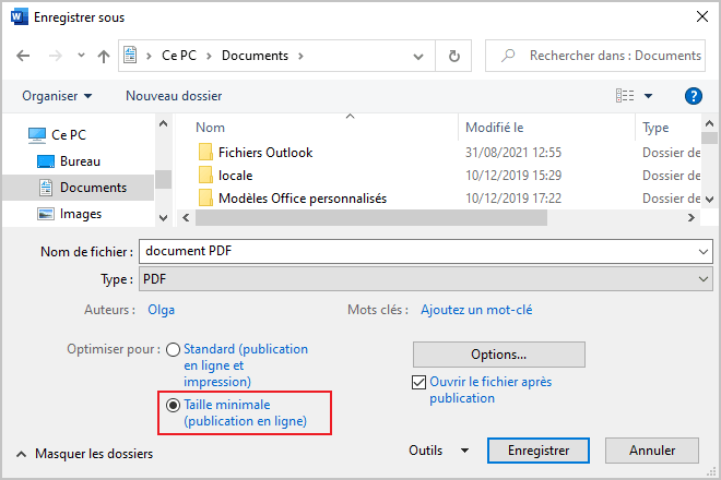 enregistrement PDF en taille minimale dans Word