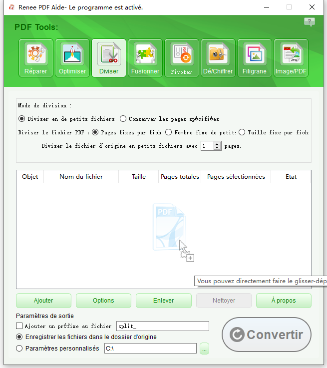 Panneau Split dans Renee PDF Aide avec des options pour ajouter des fichiers.