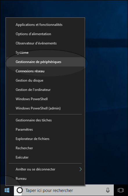 clic droit sur le menu Démarrer et sélectionner Gestionnaire de périphériques