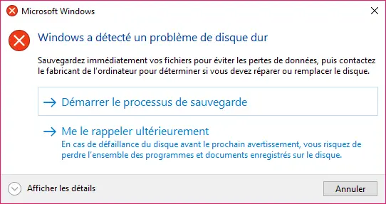 problème critique de disque dur, erreur SMART