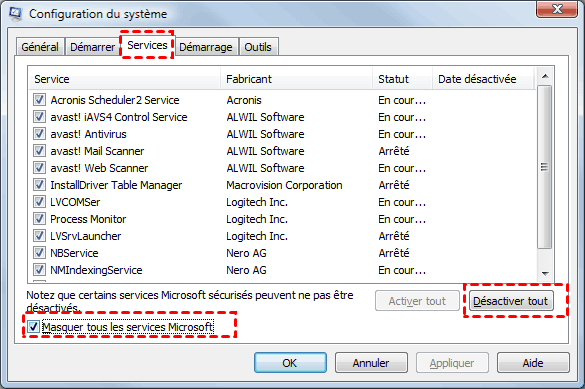 msconfig services masquer tous les services microsoft