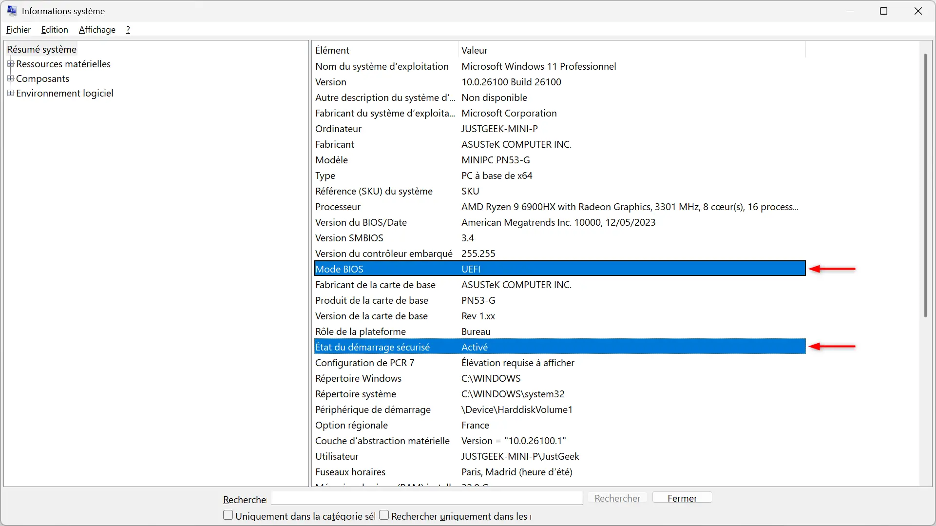 Boîte de dialogue Informations système affichant le mode UEFI et l’état de Secure Boot