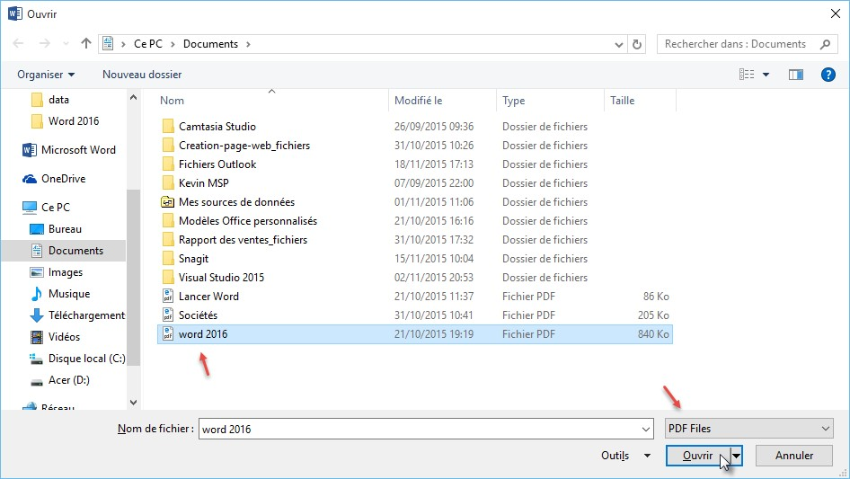 Ouvrir des fichiers PDF dans Word