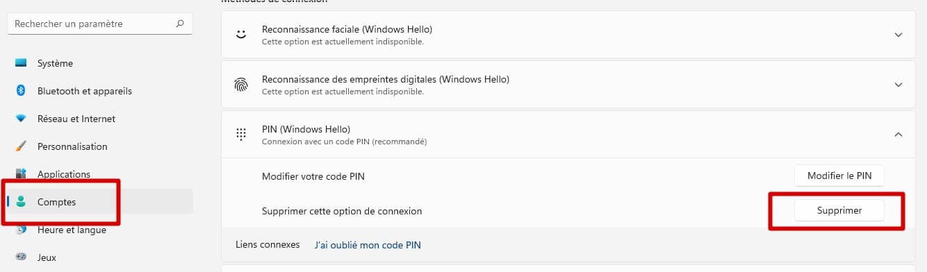 Windows 11 supprimer le code PIN Hello