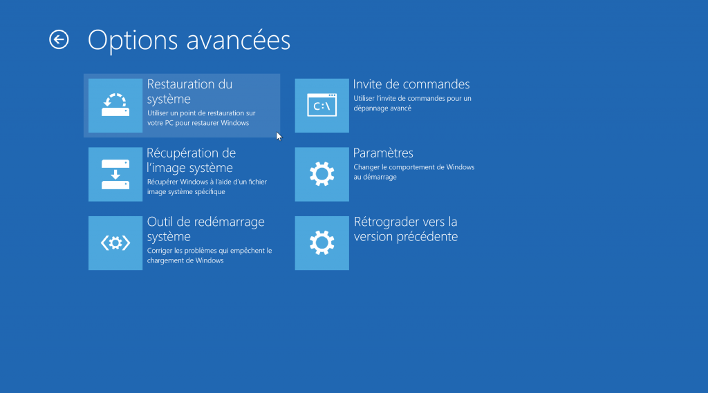 sélectionner la restauration du système dans windows pour corriger l’erreur windows 10