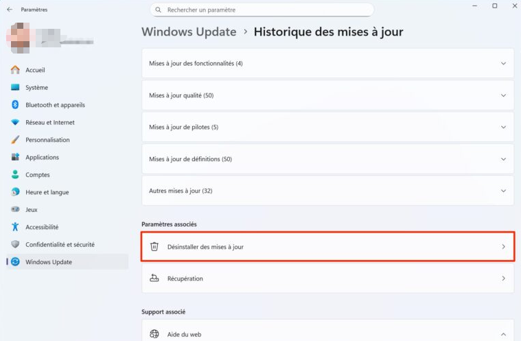 Windows Désinstaller les mises à jour