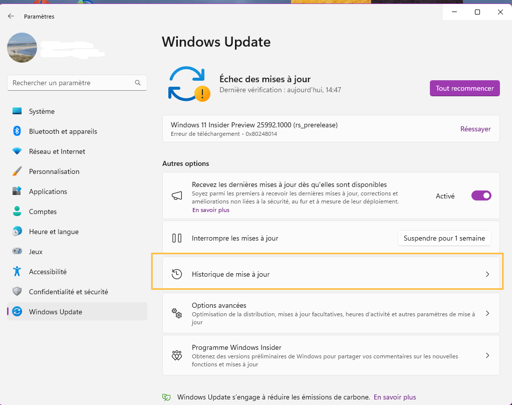 afficher l’historique des mises à jour Windows