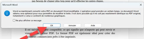 Note de conversion PDF dans Word