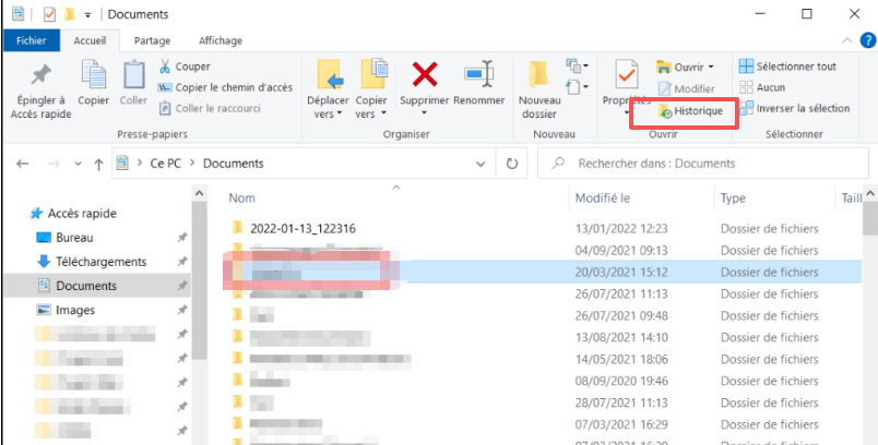 Cliquez sur l'onglet Accueil, puis sur le bouton Historique dans le ruban