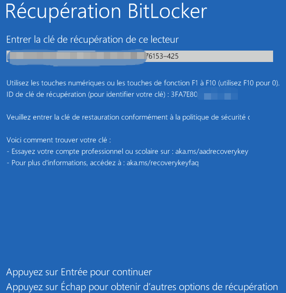 Écran de demande de clé de récupération Windows BitLocker