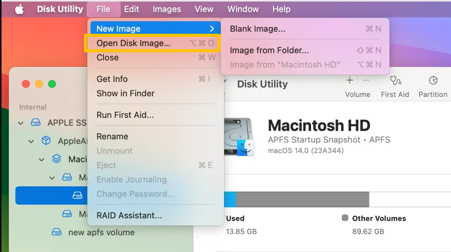 Sous macOS, utilisez Fichier → Ouvrir une image disque pour charger le fichier image