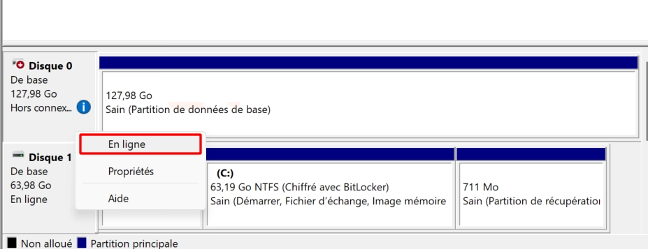 mettre le disque en ligne dans la gestion des disques